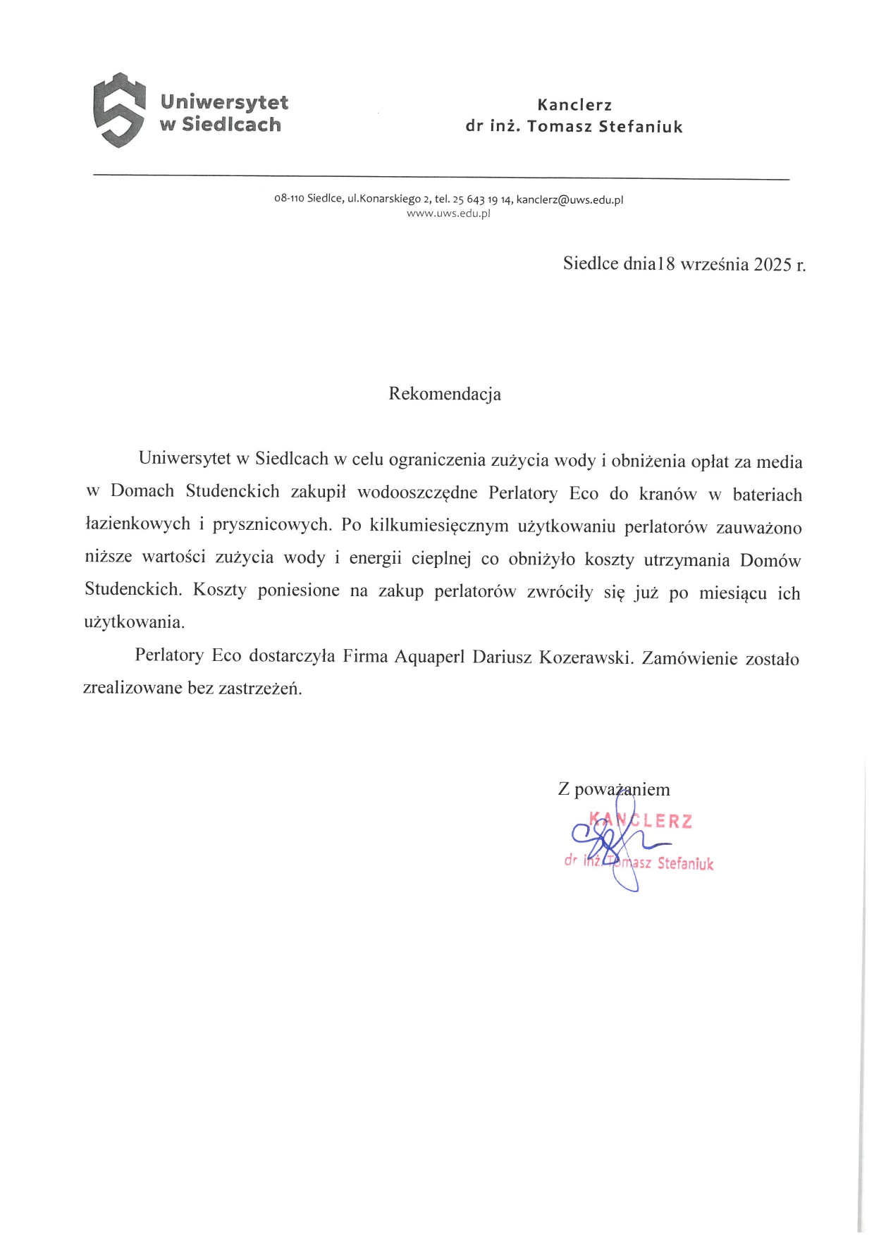 Rekomendacja dla Aquaperl od Uniwersytetu w Siedlcach